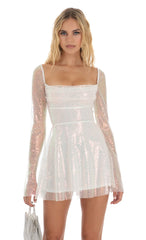 Iridescent Sequin Flare Dress in White