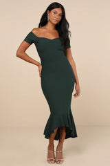 How Much I Care Dark Green Off-the-Shoulder Midi Dress
