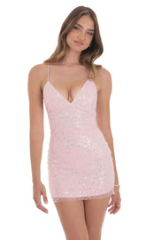 Sequin V-Neck Bodycon Dress in Pink