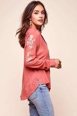 Issa Floral Sleeved Button Up Top Rust