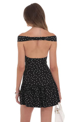 Polka Dot Off Shoulder Drop Waist Dress in Black