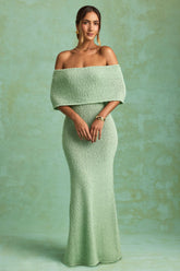 Bouclé Off-Shoulder Maxi Dress in Mint