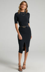 Tall Tales Midi Dress - Bodycon Centre Split Dress in Black