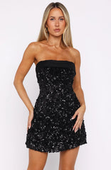 All In Strapless Sequin Mini Dress Black