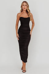 Midwest Strapless Gathered Mesh Maxi Dress Black