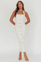She Is Button Front Halter Midi Dress Tweed White