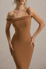 Salome | Brown Twisted Asymmetric Midi Dress
