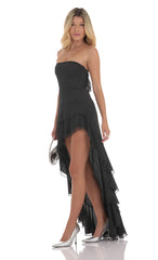 Strapless Mesh High Low Dress in Black