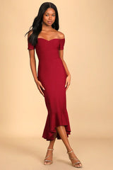 How Much I Care Wine Red Off-the-Shoulder Midi Dress