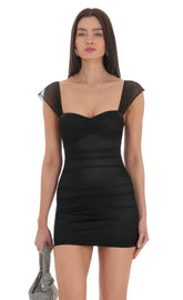 Mesh Ruched Bodycon Dress in Black