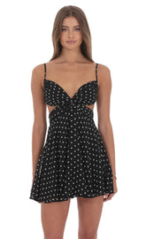 Polka Dot Cutout Fit and Flare Dress in Black