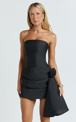 Ada Mini Dress - Strapless Rosette Draped Waist Dress in Black