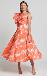 Alfreda Midi Dress One Shoulder Ruffle Detail Brailey Jacquard Dress in Orange