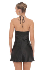 Flower Satin Halter Dress in Black