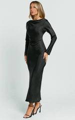 Arriana Midi Dress - Long Sleeve Cowl Back Satin Dress in Black