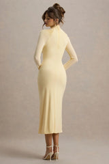 Cassandra | Pale Lemon High-Neck Long-Sleeve Midi Dress