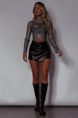 Last Friday Night Diamante Mesh Top Black