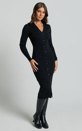 Leahanna Midi Dress - Button Front Knit Dress in Black