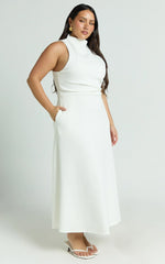 Macy Midi Dress High Neck A Line Dress in Off White