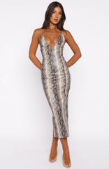 She's A Queen PU Midi Dress Tan Snake