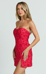 Brailey Mini Dress - Strapless Dress in Red Jacquard