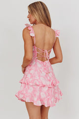 Moonlit Moment Ruffle Trim Lace-Up Back Dress Flowers Pink