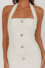 She Is Button Front Halter Midi Dress Tweed White