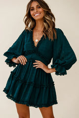 Laney Cutout Back Balloon Sleeve Dress Forest Green