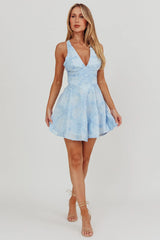 Lavalle Criss-Cross Floral Embellished Mini Dress Blue
