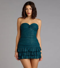 Party Perfect Glitter Knit Strapless Ruffle Mini Dress