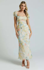 Debina Maxi Dress - Sweetheart Neckline Short Sleeve Dress in Yellow