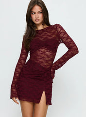 Best You Had Mesh Long Sleeve Mini Dress Burgundy