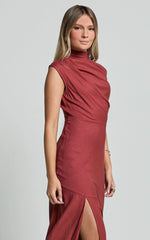 Arielle Maxi Linen Dress - High Neck Thigh Split Slip Dress in Rust