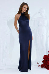 Effortless Luxe Halter Satin Maxi Dress Navy