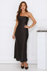 Romantic Tales Satin One Shoulder Maxi Dress Black