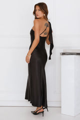 Romantic Tales Satin One Shoulder Maxi Dress Black