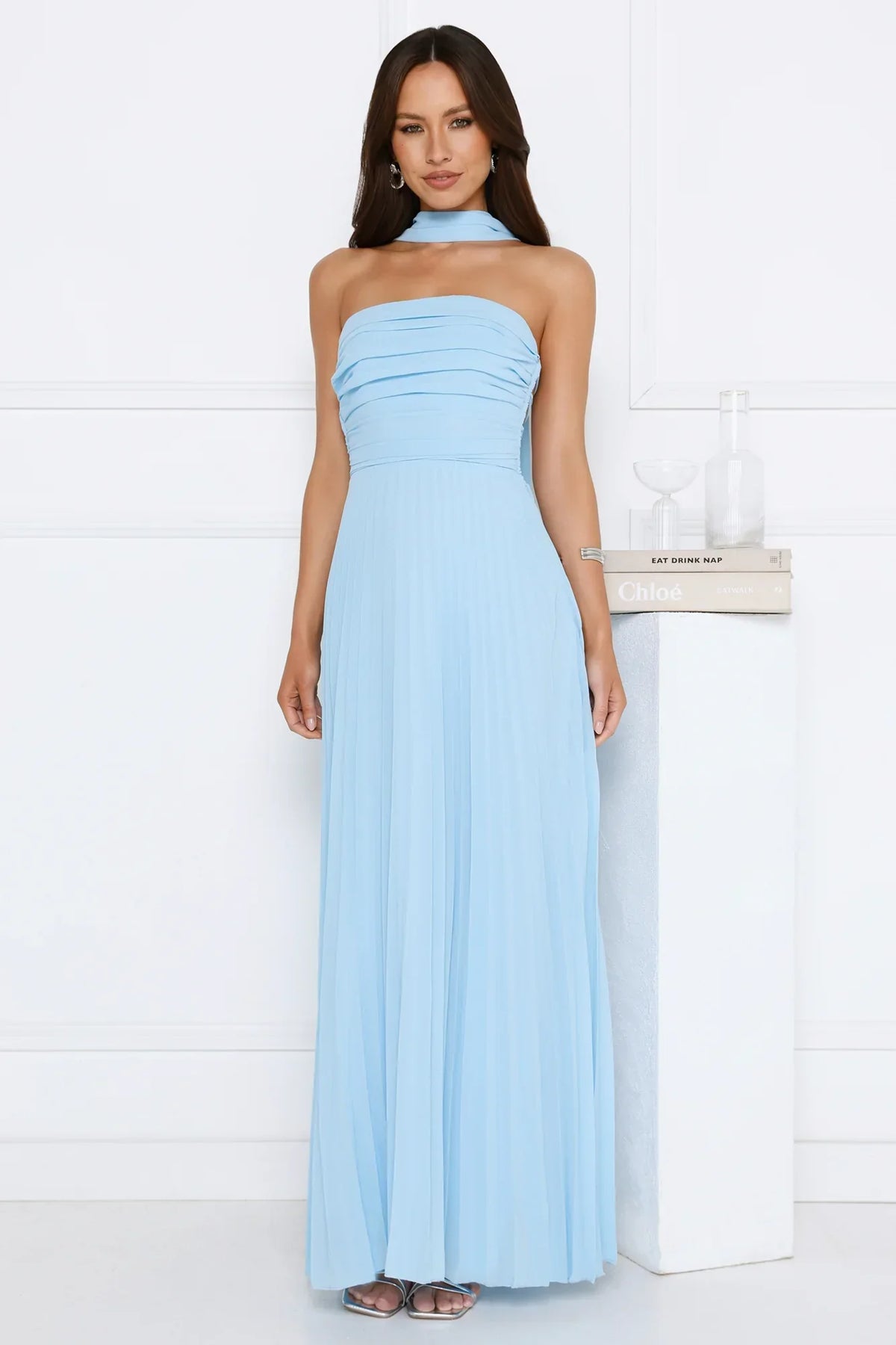 Sugar Babe Strapless Pleated Maxi Dress Blue