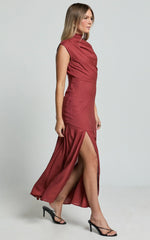 Arielle Maxi Linen Dress - High Neck Thigh Split Slip Dress in Rust