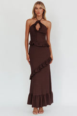 Clemence Smocked Frill Trim Maxi Dress Chocolate