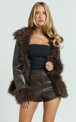Eileen Coat - Faux Fur Trim Faux Leather Coat in Dark Brown