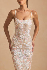 Embellished Scoop-Neck Backless Maxi Dress in Ivory