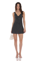 Satin Polka Dot V-Neck Dress in Black