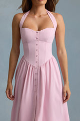 Button-Detail Halterneck Midaxi Dress in Soft Pink