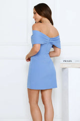 Face Card Off Shoulder Mini Dress Blue
