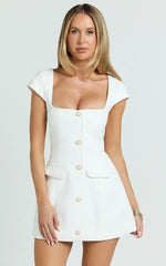 Patsy Mini Dress - Boucle Cap Sleeve Button Front Fitted Dress in White