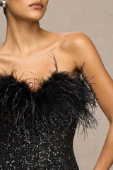 Daze | Black Sequin Bandeau Maxi Dress With Feather-Trim