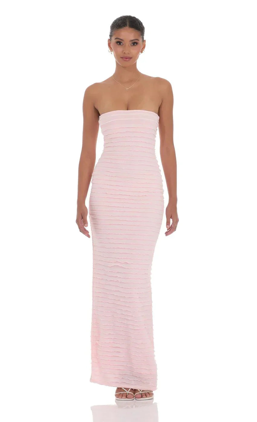 Strapless Ruffle Maxi Dress in Pink