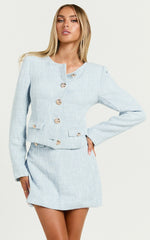 Olympia Jacket - Boucle Scoop Neck Button Down Long Sleeve Jacket in Pale Blue