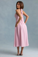 Button-Detail Halterneck Midaxi Dress in Soft Pink