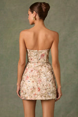 Embellished Strapless A-Line Mini Dress in Floral Beige
